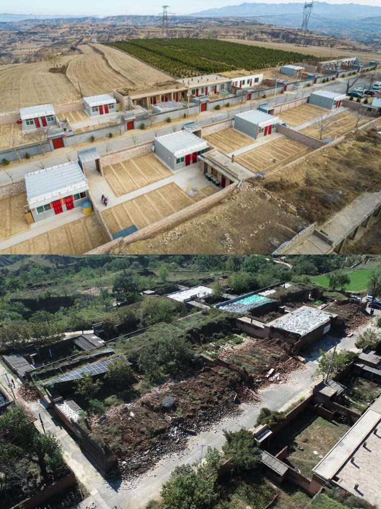 拼版照片，上圖是2022年1月山西省霍州市師莊鄉(xiāng)馮南垣村災后恢復重建后的場景，下圖是2021年10月村莊因災受損的場景。(霍州市委宣傳部供圖)