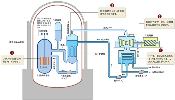 核電站運(yùn)作原理圖。通常的核電站排水未直接接觸核燃料。（圖片來(lái)源：日本北海道電力株式會(huì)社網(wǎng)站）