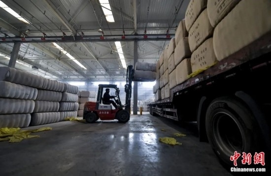 新疆喀什綜合保稅區(qū)，喀什啟路國際貿(mào)易有限公司的倉庫內(nèi)，工人正在裝載從塔吉克斯坦和烏茲別克斯坦進口的棉花。劉新攝