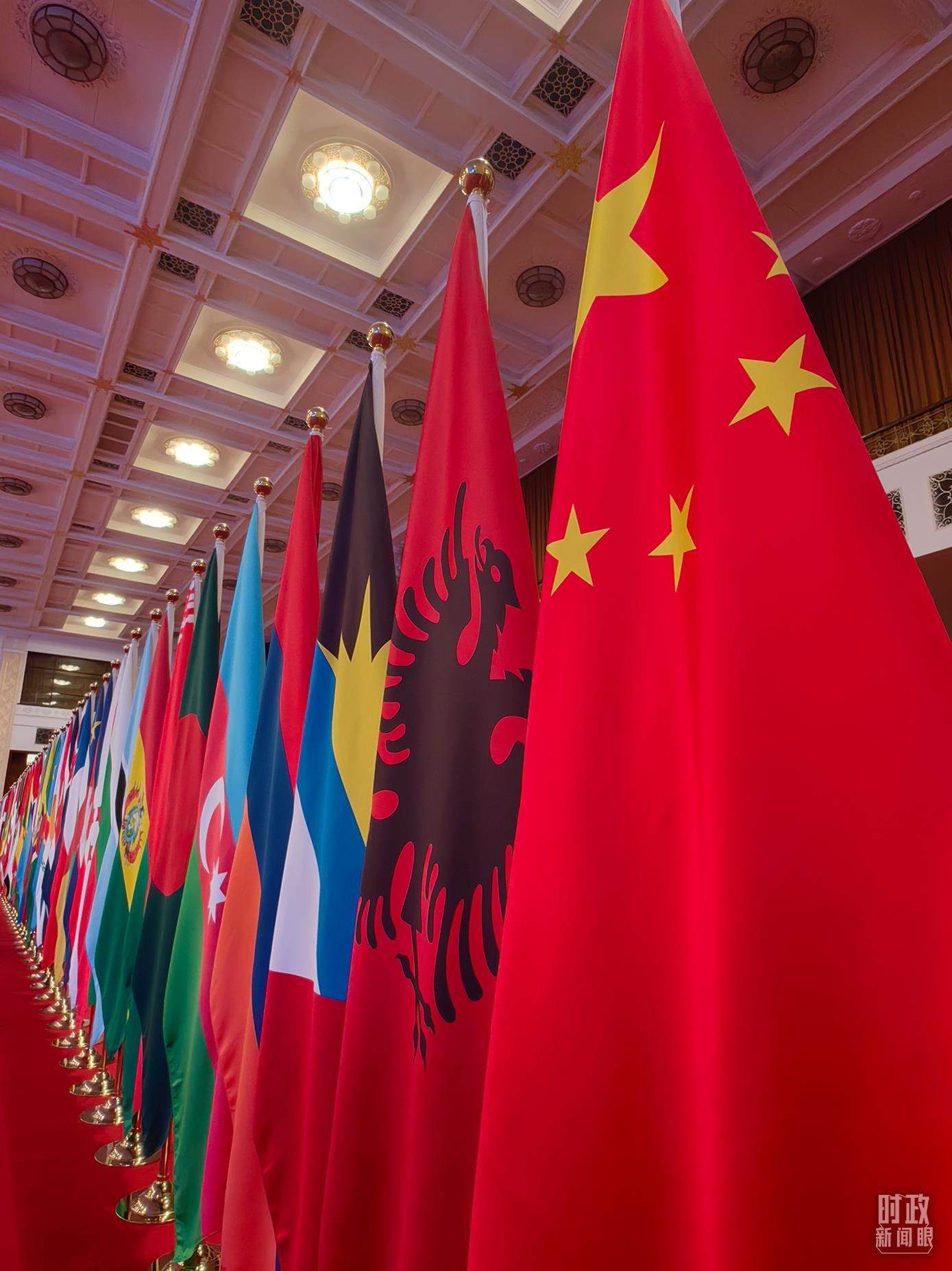 △開幕式會場內(nèi)整齊排列的旗幟。（總臺央視記者楊波拍攝）