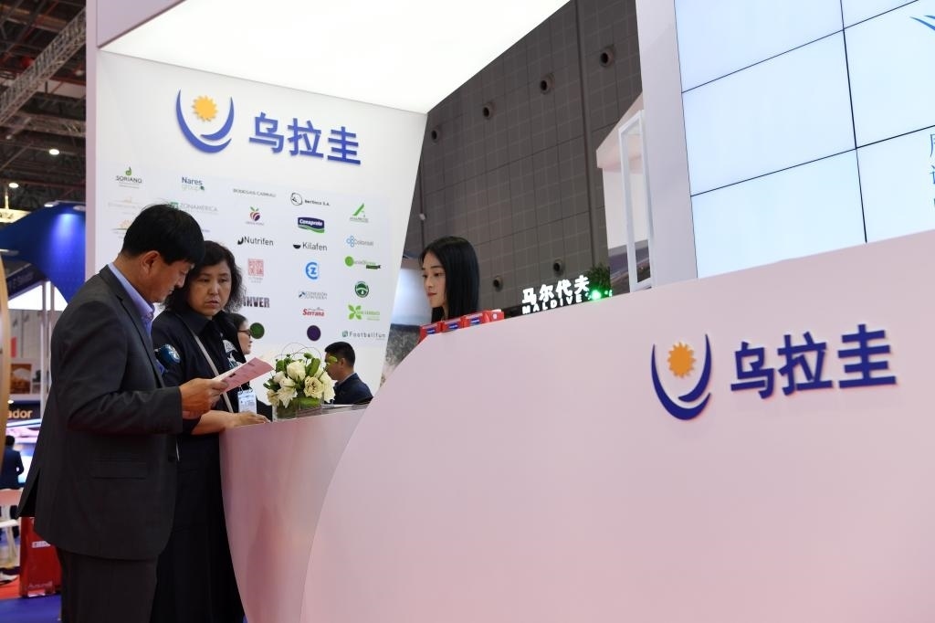 2019年11月6日，參觀者在第二屆進(jìn)博會(huì)烏拉圭國(guó)家館展臺(tái)咨詢(xún)。