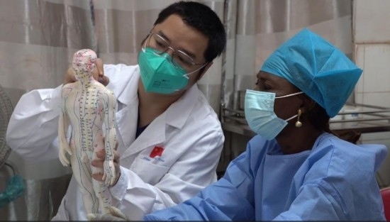 嘉興市中醫(yī)醫(yī)院郝亞波給當(dāng)?shù)刂种v解中醫(yī)經(jīng)絡(luò)。新華社發(fā)