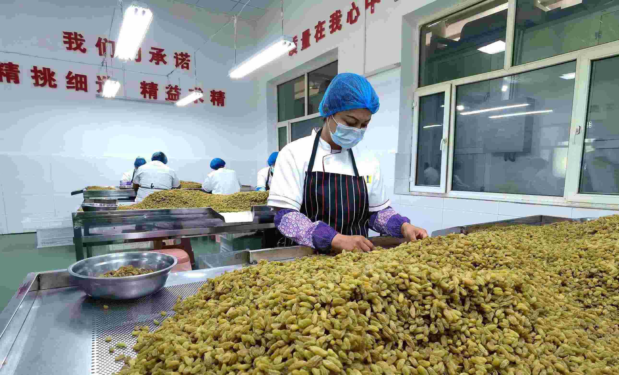 新疆吐魯番市高昌區(qū)亞爾鎮(zhèn)新城西門村，村民們在分揀葡萄干。