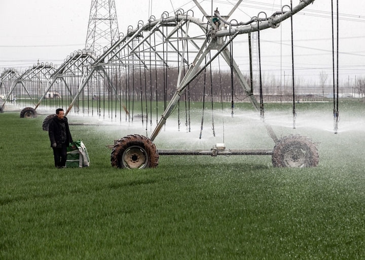 2024年3月18日，在河南省焦作市博愛(ài)縣孝敬鎮(zhèn)東原莊村瑞輝家庭農(nóng)場(chǎng)，村民使用全自動(dòng)指針式噴灌機(jī)進(jìn)行澆灌作業(yè)。新華社發(fā)（程全攝）