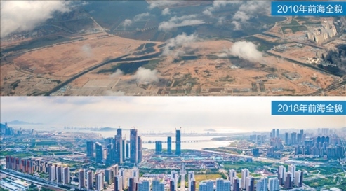 △在前海石公園的前海開(kāi)發(fā)開(kāi)放成果展示墻上，一張八年間的前海全貌對(duì)比圖。