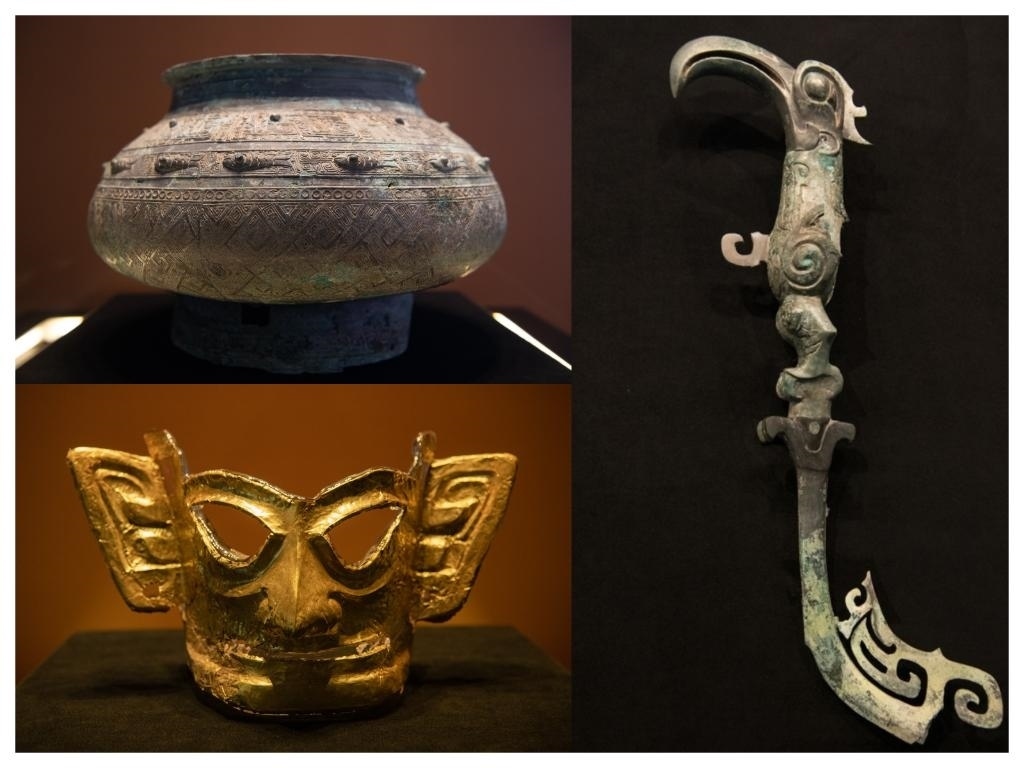拼版照片：左上圖為青銅瓿，左下圖為黃金面具，右圖為青銅樹枝。新華社記者唐文豪 攝