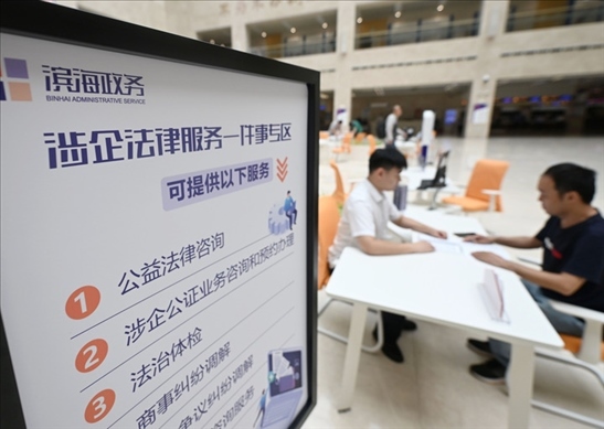 在天津?yàn)I海新區(qū)政務(wù)服務(wù)中心，工作人員在“涉企法律服務(wù)一件事”專區(qū)為市民提供服務(wù)（2024年7月31日攝）。新華社記者 趙子碩 攝