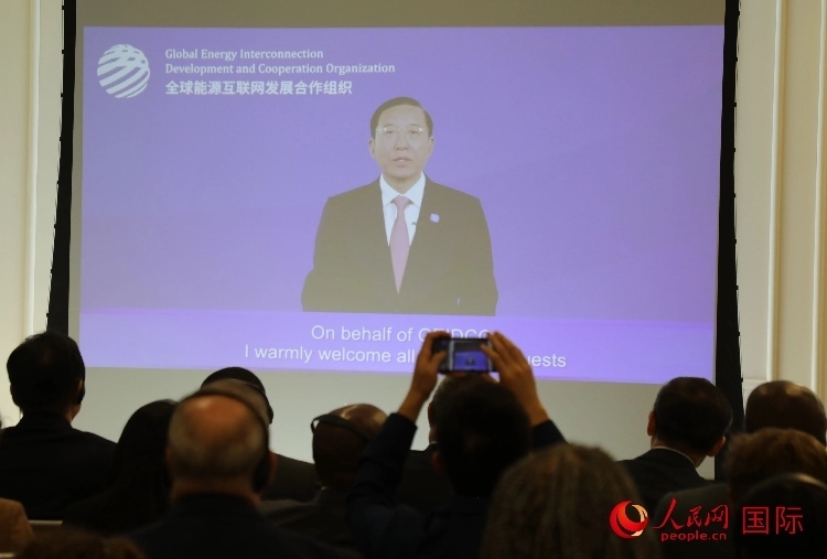 全球能源互聯(lián)網(wǎng)發(fā)展合作組織主席、中國電力企業(yè)聯(lián)合會理事長辛保安通過視頻方式致辭。人民網(wǎng)記者 李志偉攝