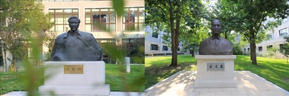 拼版照片：左圖為中央黨校（國家行政學(xué)院）校園內(nèi)的焦裕祿雕塑；右圖為中央黨校（國家行政學(xué)院）校園內(nèi)的谷文昌雕塑。