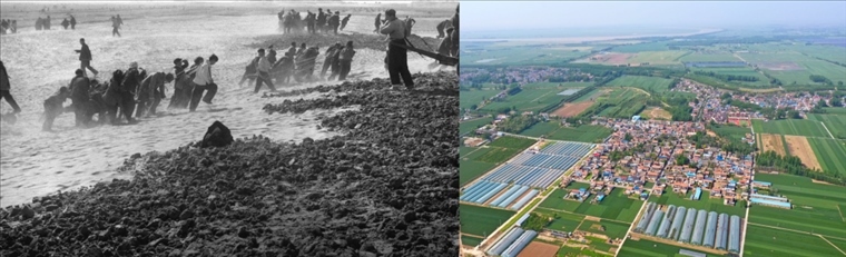 拼版照片：左圖為蘭考群眾在拉淤土壓沙（新華社記者 鄧歷耕 攝）；右圖為2024年4月25日拍攝的蘭考縣張莊村（無人機(jī)照片，新華社記者 郝源 攝）。