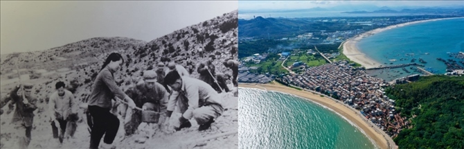 拼版照片：左圖為東山縣群眾在荒山上種植樹苗（資料照片）；右圖為2020年6月18日拍攝的東山縣陳城鎮(zhèn)澳角村附近風(fēng)光（無人機(jī)照片，新華社記者 姜克紅 攝）。