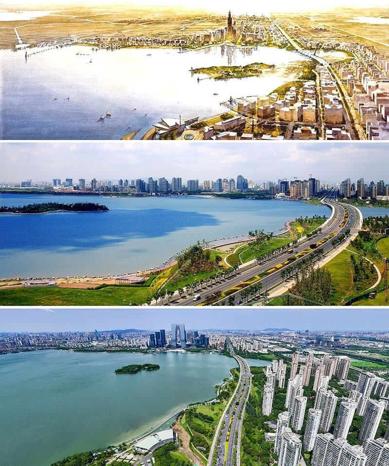 拼版照片：上圖為1994年繪制的蘇州工業(yè)園區(qū)手繪規(guī)劃圖；中圖為2007年拍攝的蘇州工業(yè)園區(qū)；下圖為2023年7月4日用無人機(jī)拍攝的蘇州工業(yè)園區(qū)。