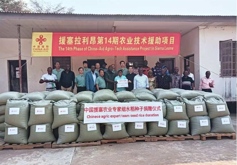 中國(guó)援塞拉利昂農(nóng)業(yè)專(zhuān)家組在塞南方省博城舉辦水稻種子捐贈(zèng)儀式。中國(guó)援塞農(nóng)業(yè)專(zhuān)家組供圖