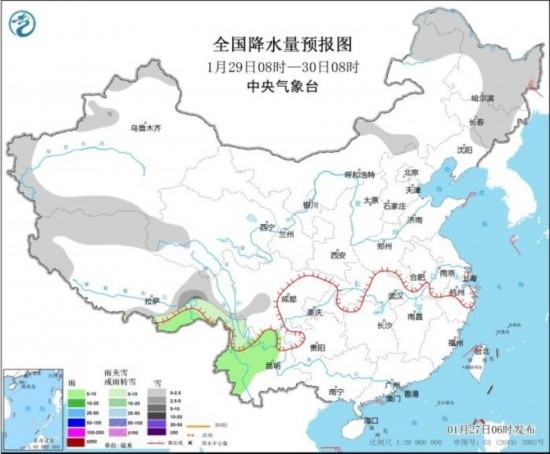 全國降水量預(yù)報(bào)圖(1月29日08時(shí)-30日08時(shí)) 圖片來源:中央氣象臺(tái)網(wǎng)站