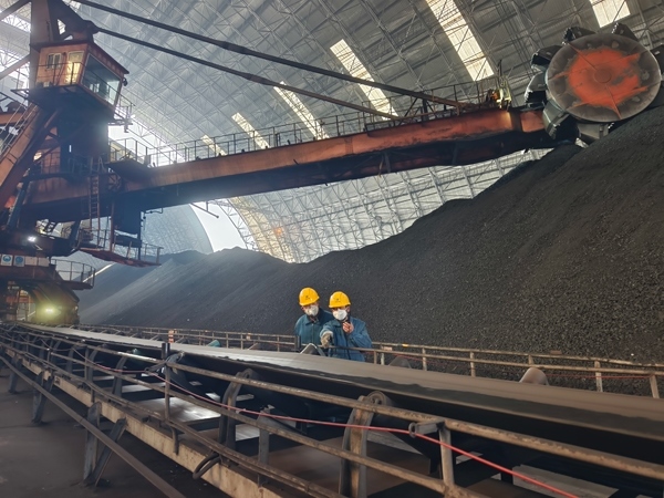 趙善國（右）和同事對電廠煤場進行巡檢。受訪者供圖