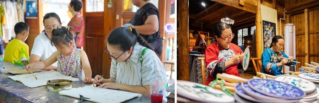 左圖：近期，游客在黎平縣肇興侗寨體驗非遺蠟染藝術(shù)（黎平縣委宣傳部供圖）；右圖：這是2024年拍攝的繡娘在十八洞村梨子寨苗繡鄉(xiāng)村振興示范基地制作苗繡產(chǎn)品（湘西州委宣傳部供圖）。