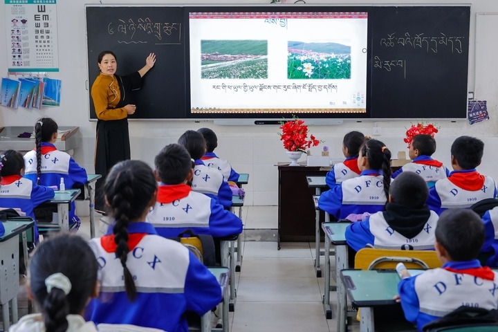 2024年9月27日，在四川省甘孜藏族自治州道孚縣城關(guān)第一完全小學(xué)，采取“藏加模式”教學(xué)的五年級(jí)一班的藏語文課上，準(zhǔn)木周老師指導(dǎo)藏族學(xué)生以家鄉(xiāng)草原風(fēng)物為主題寫作藏語文作文。新華社記者 沈伯韓 攝