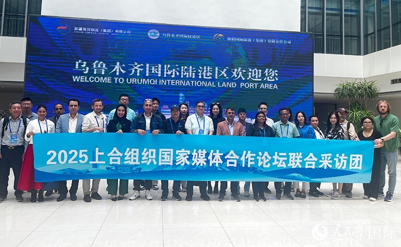 5月26日，外國媒體人在烏魯木齊國際陸港區(qū)合影留念。 人民網(wǎng)記者 翟轉(zhuǎn)麗攝