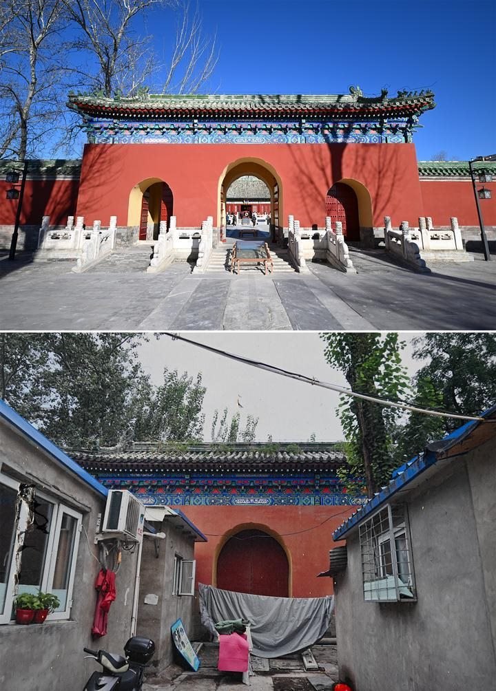 位于先農(nóng)壇內(nèi)的慶成宮，曾長時間被雜亂的民居占據(jù)。在北京中軸線申遺保護工作的帶動下，北京完成了慶成宮區(qū)域文物征收騰退、非文物建筑拆除、彩畫保護、本體修繕、展覽布陳等，讓560多年歷史的古建群重新回歸。2024年12月，北京中軸線上先農(nóng)壇內(nèi)的慶成宮首次面向社會公眾開放。上圖為騰退修繕后的慶成宮內(nèi)宮門（資料照片）；下圖為翻拍的慶成宮內(nèi)宮門騰退修繕前的資料照片（2024年12月21日攝）。